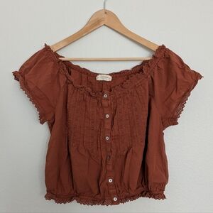 Lucky Brand Rust Off-Shoulder Button Front Blouse